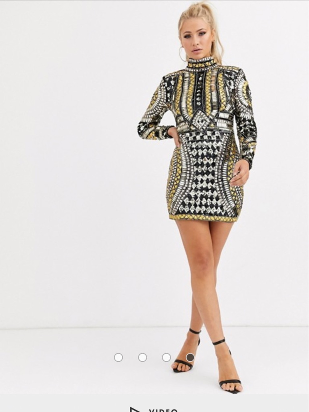 ASOS Starlet Black and Gold High Neck Sequin Mini Dress with Long Sleeves